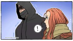 a woman with red hair wearing a black hoodie next to a man in a hooded jacket