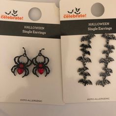 Halloween Earrings 2 Pairs Spiders And Bats Both New Black Halloween Party Earrings, Black Halloween Costume Party Earrings, Novelty Black Jewelry For Party, Black Novelty Jewelry For Party, Spooky Black Earrings For Party, Novelty Black Earrings For Party, Novelty Black Party Earrings, Black Spooky Jewelry For Party, Spooky Black Jewelry For Party