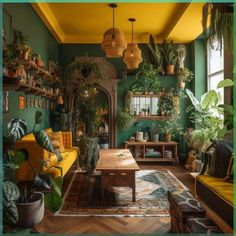 a living room filled with lots of plants and furniture