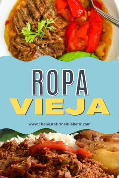 a plate with meat, rice and peppers on it that says ropa vieja