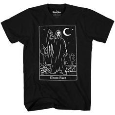 PRICES MAY VARY. Color: Black Size: Adult Men's Fit: Short sleeves and a classic crew cut neck make these comfortable graphic tees ones everyone will want to wear. Show off your scary movie fandom by wearing your new Ghost Face merch! Officially licensed apparel and high-quality prints make it the perfect gift for any fan. Whether it be for an achievement, Halloween, Christmas or a birthday. Do you like scary movies? Then you'll love this Scream Ghost Face Tarot Card T-shirt, based on the iconic Halloween Band Merch T-shirt With Print, Halloween Band Merch T-shirt With Front And Back Print, Halloween Graphic Tee With Front And Back Print, Horror Graphic Print T-shirt For Fans, Horror Graphic Print Short Sleeve T-shirt, Pre-shrunk Horror T-shirt For Streetwear, Horror Fan Merchandise T-shirt With Screen Print, Horror Themed Letter Print Crew Neck T-shirt, Ghostface Shirt