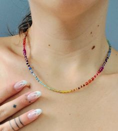 Rainbow Gemstone Beaded Choker Necklace - Etsy Rainbow Gemstone Necklace, Trendy Rainbow Choker Necklace, Neckmess Ideas, Rainbow Choker, Rainbow Gemstones, Rainbow Beads, Pretty Jewelry, Brass Charms, Beaded Choker Necklace