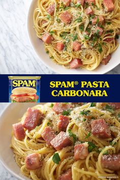 spam pasta carbonara with ham and parmesan cheese