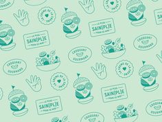 a green and blue pattern with small images on it that say, we are sample