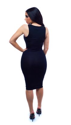 Midi Length Dress Black Form Fitted Has Stretch 95% Rayon 5% Spandex Model Is Wearing A Size Small Black Knee-length Elastane Bodycon Dress, Black Elastane Sheath Bodycon Dress, Black Sheath Bodycon Dress, Stretch Midi Dress For Date Night, Knee-length Black Elastane Bodycon Dress, Black Stretch Elastane Bodycon Dress, Fitted Black Elastane Midi Dress, Black Fitted Elastane Midi Dress, Black Sleeveless Stretch Bodycon Dress