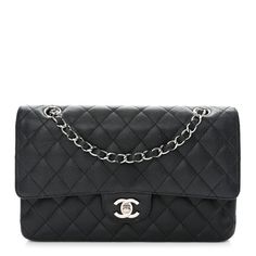 This is an authentic CHANEL Caviar Quilted Medium Double Flap in Black. This elegant shoulder bag is crafted of luxurious caviar textured leather in black. The bag features a leather threadedsilver chain-link shoulder strap, a rearpatch pocket, and a crossoverflap with a silver classic CC turn lock. The flap opens to reveal an inner flap and a burgundy leather interior with patch pockets. Elegant Double Flap Shoulder Bag, Elegant Black Bag With Cc Turnlock Closure, Black Caviar Leather Evening Bag, Classic Bags With Double Flap And Silver-tone Hardware, Designer Caviar Leather Bag With Textured Finish, Designer Bags In Textured Caviar Leather, Elegant Double Flap Shoulder Bag With Silver-tone Hardware, Luxury Caviar Leather Bag For Everyday, Everyday Luxury Caviar Leather Bag