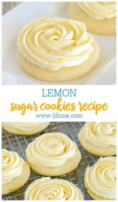 lemon sugar cookies with white frosting on a cooling rack and in the foreground