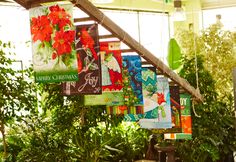 several colorful banners hanging from the side of a wooden stair case in a garden center