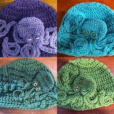 there are three hats that have been crocheted to look like an octopus's head