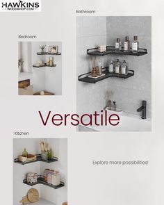 an advertisement for a bathroom with shelves in the corner and other items on the shelf