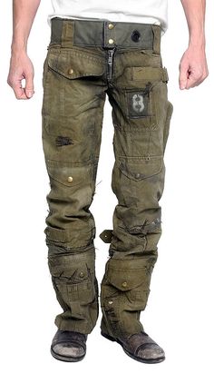 Olive Military Style Pants For Streetwear, Combat Style Khaki Cargo Pants With Belt Loops, Khaki Combat Cargo Pants With Belt Loops, Military Style Khaki Jeans With Cargo Pockets, Military Style Khaki Pants With Belt Loops, Male Styles, Dystopia Rising, Apocalyptic Clothing, Post Apocalyptic Fashion