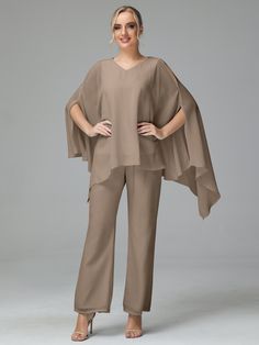 Taupe Beige V-neck Elegant Sets, Suits Details, Modern Mother Of The Bride, Bride Dress Vintage, Chiffon Pants, Dress Pant Suit, Mother Of The Bride Outfit, Floor Length Skirt, Half Sleeve Dresses