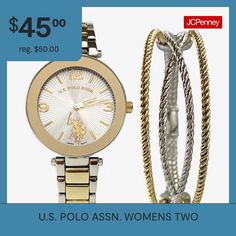 Discover timeless elegance with the US Polo Association USPA women's analog watch, model usc6027jc. This exquisite timepiece features a stunning two-tone silver and gold design that adds a touch of sophistication to any outfit. The gold hour and minute hands enhance the watch's classic appeal, while the matching silver and gold bracelet offers a seamless blend of style and versatility. As a product of U.S. Polo Assn.—an authentic brand officially sanctioned by the United States Polo Association… Silver And Gold Bracelet, Us Polo, Us Polo Assn, Analog Watch, Watch Box, Watch Model, Gold Design, Time Piece, Batteries