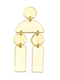 Chic shiny, geometric drop earrings. - Closure: Post Back - Drop: 2.21" - Post Diameter: 0.039" - Nickel and Lead Compliant (Hypoallergenic) Trendy Gold-tone Dangle Earrings, Modern Gold-tone Drop Linear Earrings, Geometric Gold Earrings For Party, Chic Dangle Chandelier Earrings, Gold Geometric Earrings For Party, Chic Gold-tone Dangle Earrings, Modern Gold-tone Linear Drop Earrings, Chic Metal Chandelier Dangle Earrings, Trendy Gold Geometric Earrings