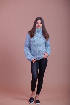 "Blue Sweater, Merino Wool Jumper, Turtleneck Pullover DETAILS -Handmade and homemade - Made from 100% high quality merino wool - The model is 170 cm tall (regular S) - The sweater on picture is size S-M - As mostly all models in our shop the sweater is loose fit - Colour on photo - blue Details Sweater in the pictures : 1-Sweater Length55cm,21,7inch 2-Sweater Chest44cm,17,3inch 3-Sweater Sleeves52cm,20,5inch 4- Turtleneck Length30cm,11,8inch FIT - The sweater is of loose fit designed to have co Stretch Knitted Long Sleeve Tops, Stretch Knit Long Sleeve Tops, Winter Knitted Long Sleeve Tops, Cozy Blue High Neck Sweater, Fitted Blue Chunky Knit Sweater, Cozy Long Sleeve Knitted Tops, Blue Fall Knitting Pattern, Fall Blue Knitting Pattern, Blue Hand Knitted Long Sleeve Tops