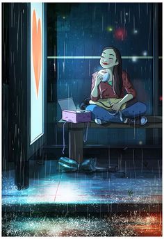 an animated image of a person sitting on a bench in the rain