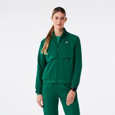 Official FIGS® Outerwear. Get Free Shipping On Orders $50+! | FIGS Womens Hunter Green Sydney - Scrub Jacket Green Figs, Green Scrubs, Figs Scrubs, Medical Outfit, Scrub Jackets, Cool Jackets, Model Fits, Shell Jacket, Sustainable Fabrics