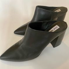 Nwot, Steve Madden Mules In Black Leather. Pointed Toe, Size 8.5, Never Worn, Great Condition. Fall Slip-on Heels For Office, Fall Leather Closed Toe Heels, Fall Office Leather Heels, Faux Leather Slip-on Mules With Stacked Heel, Leather Mules With Padded Heel For Office, Pointed Toe Boots With Leather Sole In Synthetic Material, Office Leather Mules With Padded Heel, Synthetic Boots With Leather Sole And Pointed Toe, Ankle-high Faux Leather Heels For Work