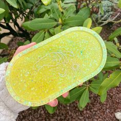 a person holding a yellow and green frisbee in front of a bush with leaves