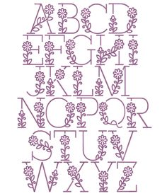 the alphabet is made up of flowers and leaves, with letters that are outlined in purple