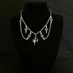 Handcrafted adjustable gothic choker with silver star connectors, charms and sparkling pendant ✨ Punk Style Silver Choker For Festivals, Silver Star-shaped Choker For Party, Edgy Silver Star-shaped Jewelry, Silver Choker For Halloween Gift, Alternative Style Silver Choker For Concert, Silver Punk Choker Gift, Silver Punk Choker, Silver Punk Choker For Gift, Silver Emo Choker For Concert