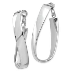 Rhodium over 14k white gold polished twisted oval hoop earrings. Measure approximately 1 3/4"L x 1/4"W and have saddleback backings. Elegant Oval Hoop Earrings With Shiny Finish, Modern Twist Hoop Earrings With Polished Finish, Elegant Twisted Metal Hoop Earrings, Modern Oval Clip-on Jewelry, Silver Oval Hoop Earrings With Polished Finish, Modern Twisted Jewelry For Anniversary, Modern Twist Hoop Jewelry With Polished Finish, Formal Hoop Earrings With Modern Twist And Polished Finish, Elegant Twisted Jewelry With Polished Finish