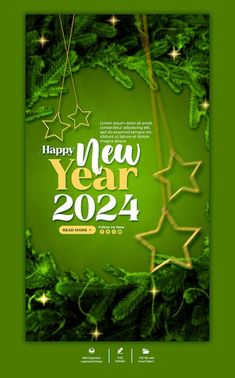 a happy new year poster with green leaves and stars on the corner, in front of a