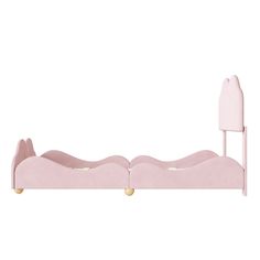 a pink bed with a wooden headboard and foot board on the bottom, in front of a white background