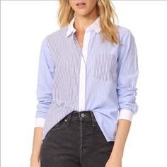 - In Excellent Condition - Blue & White Striped - Cotton - Nwot Button Down Shirt, Blue Button-up Shirt For Layering, Color Blue, Blue Shirt For Spring Layering, Blue And White, Blue Shirt For Layering In Spring, Striped Shirt, White Stripe, Blue White