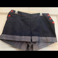 Nwot Glam Couture Blue Denim Nautical Shorts Size Xl Retro Denim Bottoms With Built-in Shorts, Summer Fitted Indigo Bottoms, Fitted Denim Blue Bottoms With Built-in Shorts, Navy Bottoms With Short Inseam For Summer, Indigo High Waist Summer Bottoms, High Waist Indigo Bottoms For Summer, High Waist Fitted Denim Blue Shorts, Indigo High Rise Bottoms For Summer, Denim Bottoms With Pockets And Short Inseam