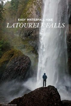 a man standing in front of a waterfall with the words best stops on the columbia river gorge