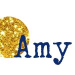 the word amy is written in blue and gold glitter