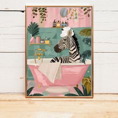 a bathroom scene with a zebra in the bathtub