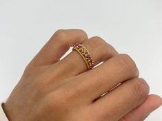 Gold Ruby Ring set with Natural Ruby in a top quality, perfect diamond cut & flawless clarity, at 3mm diameter, weighting 1Ct combined. Made of Gold Vermeil ☞ thickest 18k Gold Plating on top of Solid 925 Sterling Silver ☞ made to last. Matching Earrings: www.etsy.com/listing/1030718971 Matching Pendant: www.etsy.com/listing/1016754976 ☞ Choose your size ☞ I resize (before shipping) for FREE to Any size* *Sizes 13-16 U.S. need to be custom made & May include an additional cost, I will contact yo Red Birthstone Promise Ring With Round Band, Red Ruby Ring For Promise With Round Band, Red Ruby Promise Ring With Round Band, Red Ruby Stackable Rings For Anniversary, Red Diamond Ring With Rose Cut Diamonds, Red Ruby Promise Ring With Rose Cut Diamonds, Red Ruby Birthstone Ring With Round Band, Stackable Red Ruby Ring, Anniversary Ruby Red Stackable Rings