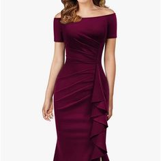 New With Tags Fitted Burgundy Knee-length Dress, Fitted Burgundy Midi Dress For Evening, Elegant Burgundy Ruched Mini Dress, Burgundy Knee-length Formal Dress, Short Sleeve Dresses For Dinner, Burgundy Short Sleeve Evening Dress, Fitted Short Sleeve Burgundy Midi Dress, Fitted Burgundy Midi Dress With Short Sleeves, Burgundy Fitted Midi Dress For Formal Occasions