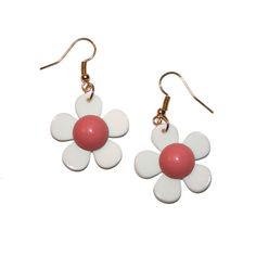 "60s Inspired Daisy Earrings Super cute and made of plastic Measures 1.75\" long including hooks" Retro White Dangle Earrings, Retro Spring Flower Earrings Gift, Spring Retro Flower Earrings Gift, Handmade Retro Flower Earrings, Pink Retro Earrings For Spring, Retro Adjustable Pink Earrings, Retro Spring Flower Earrings, Pink Retro Jewelry For Spring, Retro Pink Jewelry For Spring