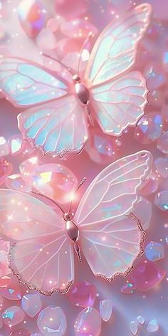 three white butterflies flying in the air with bubbles around them on a pink and blue background