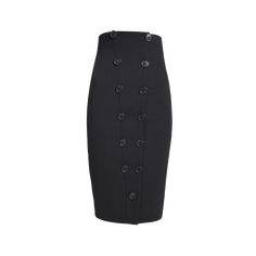 ALAIA hourglass pencil skirt features two-row button front  High rise  Hem hits around the knee Knee length  Pencil style Virgin wool Made in Italy Office Midi Skirt With Buttons, Office Knee-length Pencil Skirt, Elegant High-waisted Pencil Skirt With Button Closure, Elegant High Waist Pencil Skirt With Buttons, Office Midi Skirt With Button Closure, Elegant Office Bottoms With Button Closure, Chic Workwear Skirt With Buttons, Chic Buttoned Skirt For Workwear, Elegant Bottoms With Button Closure