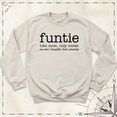 "Funtie Definition Sweatshirt, Auntie Long Sleeve Tees, Aunt Birthday Hoodie, Best Aunt Ever Shirt, Gift for Aunt Shirts, Mothers Day Gift Introducing our exclusive \"Funtie Definition Sweatshirt\"! Celebrate the unique bond between an aunt and her nieces and nephews with this cozy and stylish sweatshirt. Crafted with love and care, this sweatshirt is perfect for all the fun-loving aunties out there. Made from high-quality fabric, our sweatshirt is designed to keep you warm and comfortable all day long. Whether you're spending time with family or going out with friends, our \"Funtie Definition Sweatshirt\" is the perfect choice. Ideal for birthdays, Mother's Day, or just to show your appreciation, this sweatshirt is a must-have for every fun-loving auntie. Get yours now and let the world k Funny Winter Sweatshirt With Letter Print, Fun Winter Tops With Relaxed Fit, Winter Fun Relaxed Fit Tops, Funny Winter Top With Text, Funny Cotton Sweatshirt For Winter, Funny Cotton Winter Sweatshirt, Winter Funny Style Top With Text, Winter Funny Text Top, Fall Birthday Cotton Sweatshirt