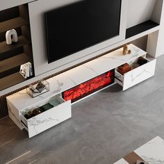 an entertainment center with two drawers and a flat screen tv mounted on the wall