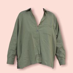 Hi Low Button Up Blouse With An Oversized Vintage Style! Brand New Boutique Oversized Versatile Button-up Top, Oversized Khaki Tops With Buttons, Oversized Green Button-up Shirt, Green Loose Fit Button-up Shirt, Oversized Tops With Snap Buttons For Everyday, Oversized Button-up Blouse, Oversized Button-up Casual Blouse, Oversized Blouse With Buttoned Pockets For Work, Oversized Workwear Blouse With Buttoned Pockets