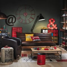 a living room filled with lots of furniture next to a wall mounted clock on the wall