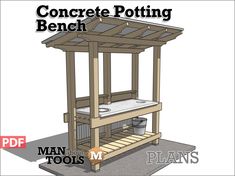 a wooden bench with the words concrete potting bench on it and an image of a toilet