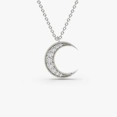 14k Gold Mini Crescent Moon Diamond Necklace 14K White Gold Ferkos Fine Jewelry Diamond Moon Necklace, Gold Moon Necklace, Crescent Necklace, Gold And Silver Coins, Crescent Moon Pendant, White Gold Pendant, Crescent Moon Necklace, Gold Moon, Pave Setting