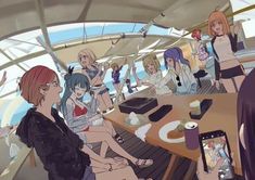 there are many people sitting at the table on this boat and one is looking at her phone