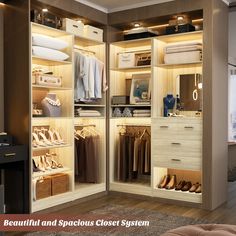 an open closet with clothes and shoes in it