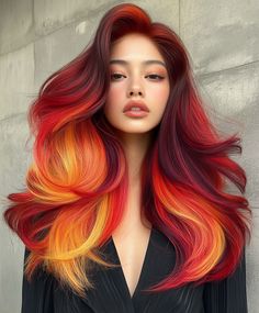 Copper Red Curtain Bangs Fall Hair Colors to Try Burgundy Red Orange Hair, Red Into Orange Hair, Orange And Magenta Hair, Orange And Red Hair Color, Fire Colored Hair, Burgundy And Copper Hair, Fall Vivid Hair Color Short Hair, Red Hair With Orange Highlights, Nars Campaign