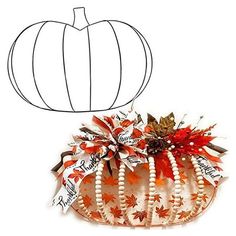 a white pumpkin decorated with fall leaves and ribbons is shown in front of a drawing