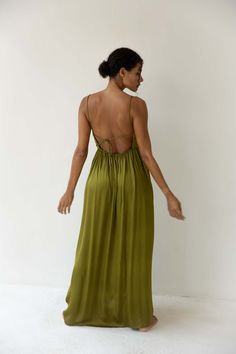 Bahhgoose Rio Dress - Pistachio | Garmentory Floor-length Maxi Dress With Ruched Back For Date Night, Chic Spaghetti Strap Maxi Dress With Tie Back, Chic Green Maxi Dress With Adjustable Straps, Chic Maxi Slip Dress For Garden Party, Olive Fitted Maxi Dress, Spring Maxi Dress With Ruched Back, Green Maxi Backless Dress For Beach, Green Backless Maxi Dress For Beach, Green Backless Sundress