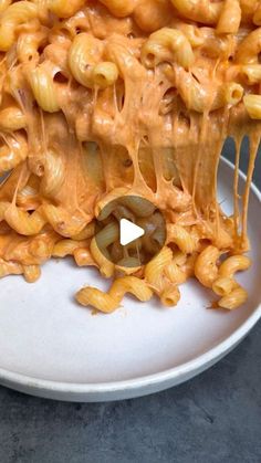 a plate with macaroni and cheese being lifted from the top by a fork